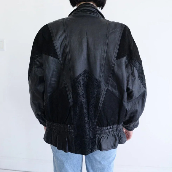 Vintage Giii Black Leather &  Suede Floral Design Zip Up Bomber Jacket Medium - Picture 3 of 15